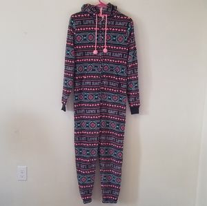 Fuzzy gray pink teal zip up onesie with hood